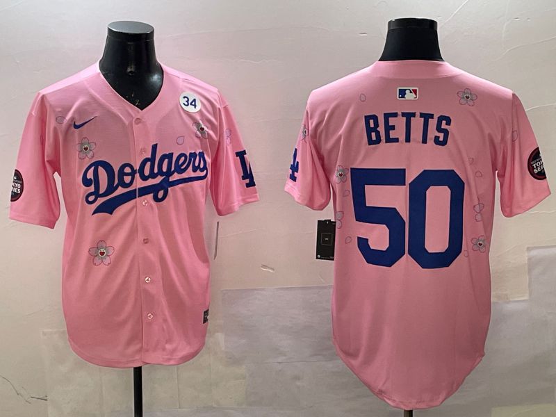 Men Los Angeles Dodgers #50 Betts Pink Sakura Edition 2025 Nike MLB Jersey style 5
